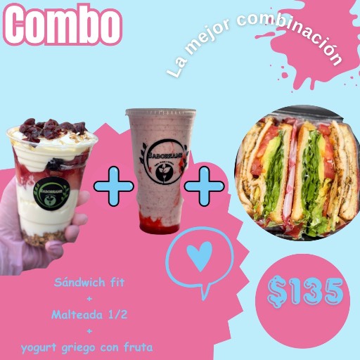 Sándwich fit+ malteada de 1/2 + yogurt griego con fruta 