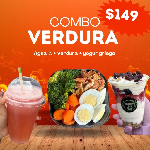 Verdura + proteína + huevo +agua de 1/2 + yogur griego 