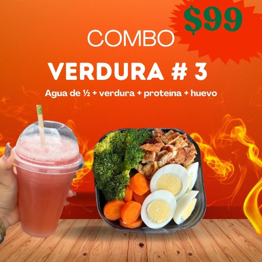 Verdura +proteina + huevo + Agua de 1/2 