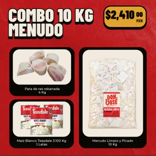 Combo 10kg de menudo, 4 kg de pata 3 latas de maiz Teasdale