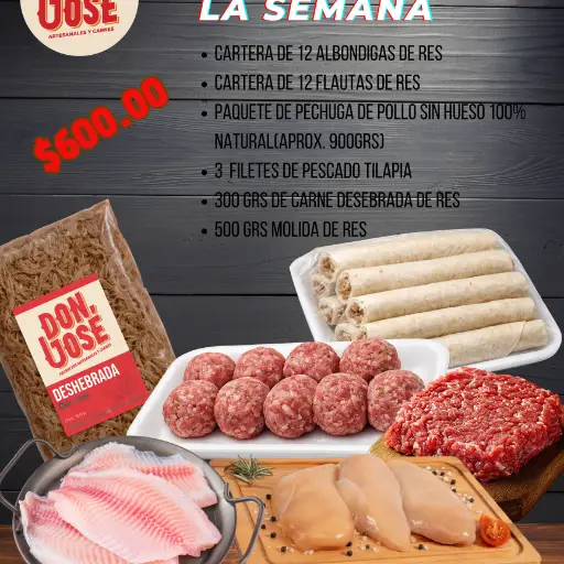 COMBO Pa" La Semana  12 Flautas de res, 12 Albondigas de res, 300grs de carne deshebrada de res, 3 Filetes Tilapia, 3 piezas de pechuga de pollo y 500grs de carne molida de res.