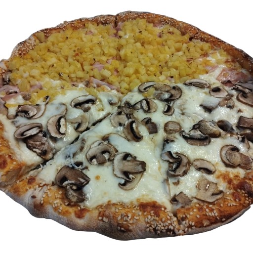 Pizza 3 quesos con Champiñones mitad hawaiana con orilla rellena de queso 