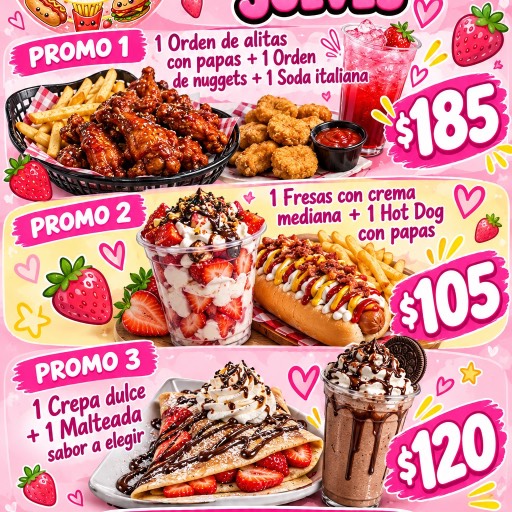 Promo 2; fresas de 1/2 + hotdog con papas 