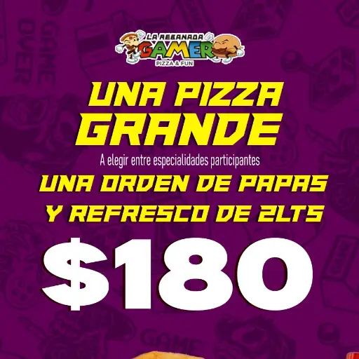 pizza grande, papas y refresco